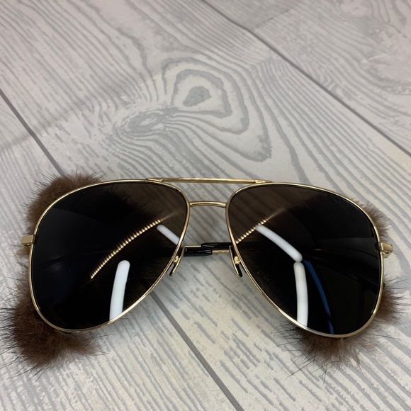 Saint Laurent Mink Fur Classic 11 Shields Gold Tone Sunglasses main image 4